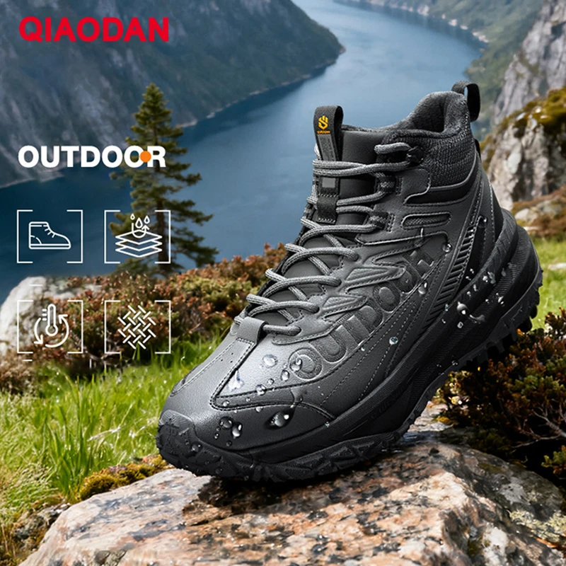 QIAODAN Men Hiking Shoes Outdoor Anti Slip Fleece Lined Mountaineering Boots 2025 Winter Trekking Sneakers QXG193254912B
