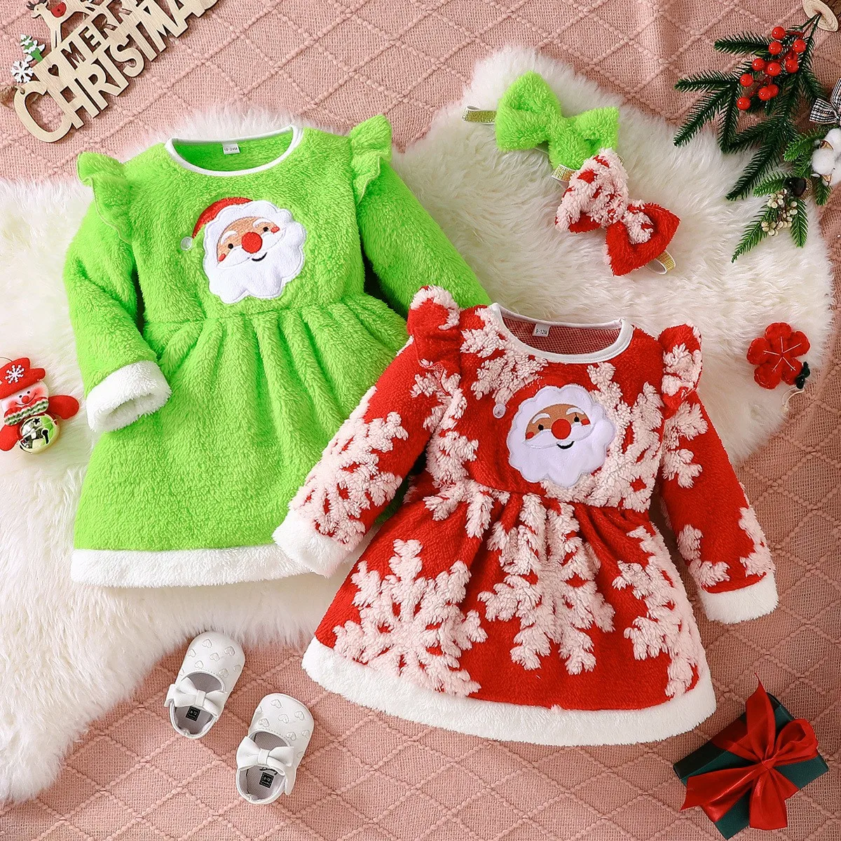 Christmas Holiday Party Girls Santa Claus Snowflake Print Cute Long-Sleeved Sweater With Hairpin Winter Warm Puffy Dress Suit