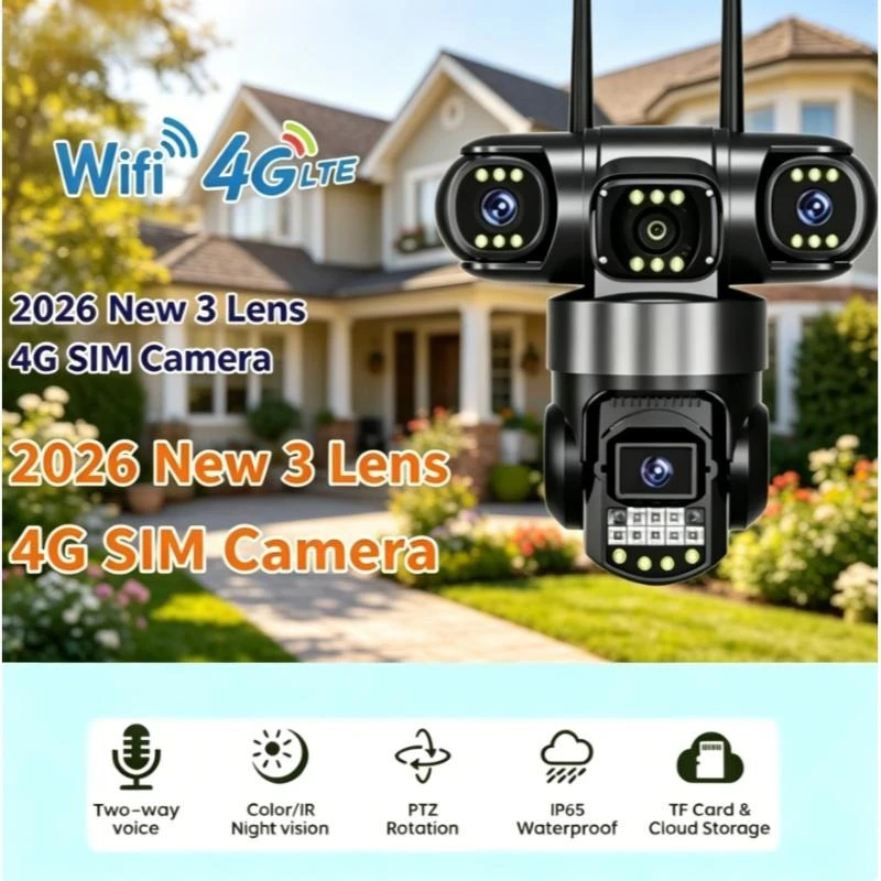 Nouvelle Caméra de Sécurité Extérieure Sans Fil 4G WiFi à 3 Objectifs 2026, Vision Nocturne, Étanche 360 Degrés, Surveillance CCTV IP