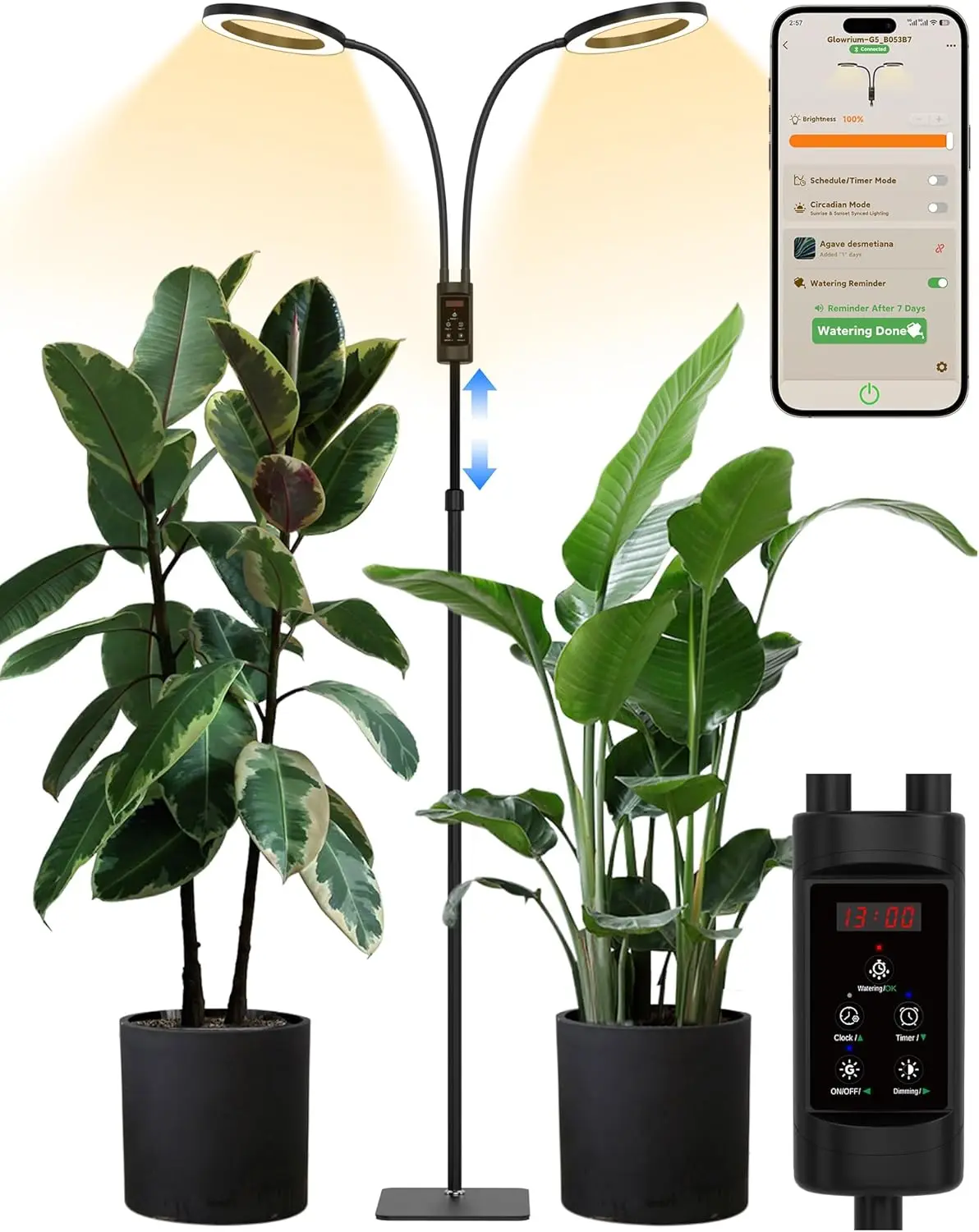 

Smart Grow Lights for Indoor Plants, 48W Full Spectrum with Bluetooth App, Adjustable Height Auto Timer for Large Tall Plants