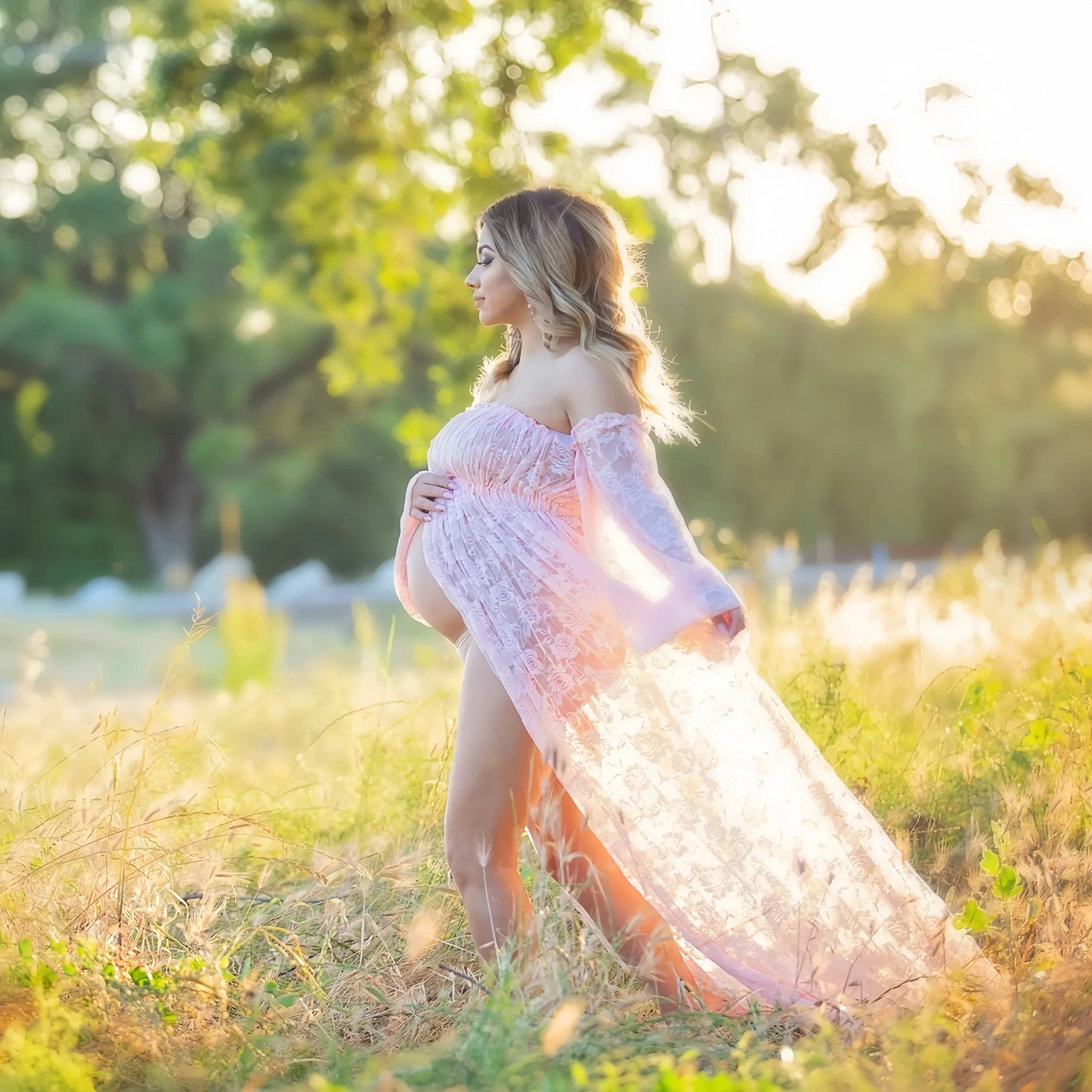2025 Summer Slash Neck Lace Maternity Pregnancy Photography Dresses Open Front Off-the Shoulder Pregnant Woman Photoshoot Dress