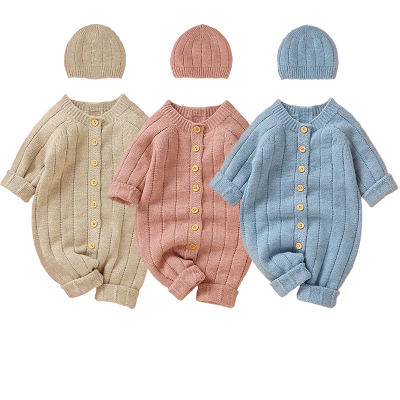 

Autumn Winter Baby Rompers Hats Set Knitted Solid Color Jumpsuit Soft Boneless Bodysuit Boys Girls Crawling Suit Infant Clothes