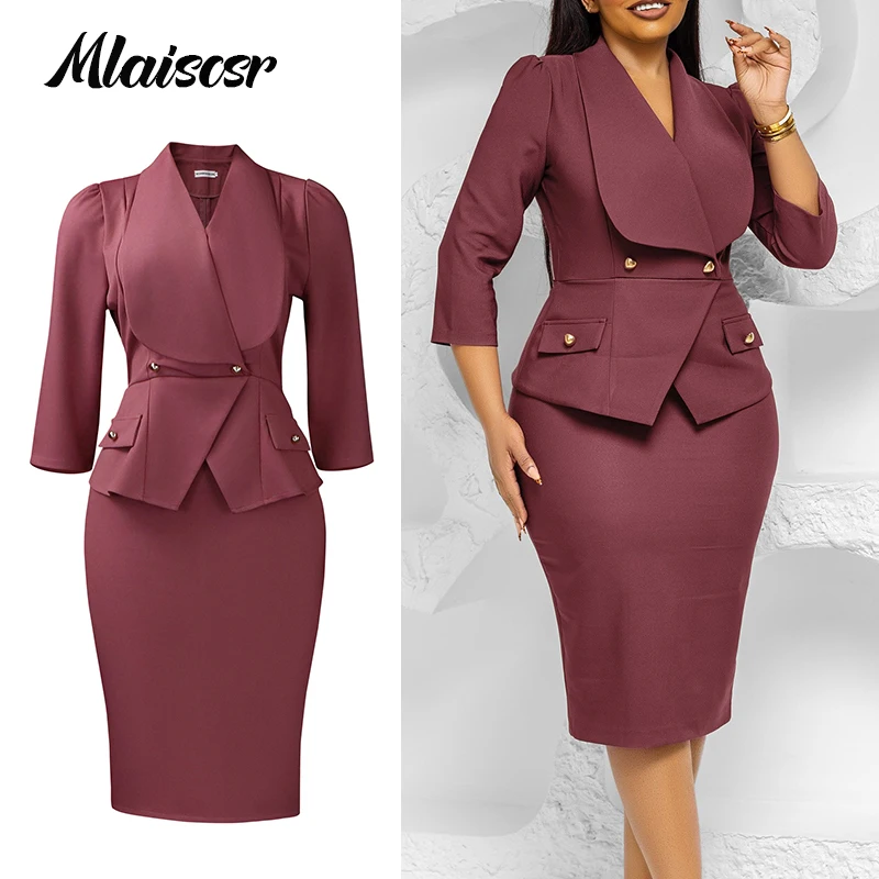 Mlaiscsr vrouwen Nieuwe Grote kraag 3/4 Mouw knop Slanke potlood Mid Jurk Herfst Winter Kantoor Dame Avondfeest Gewaad