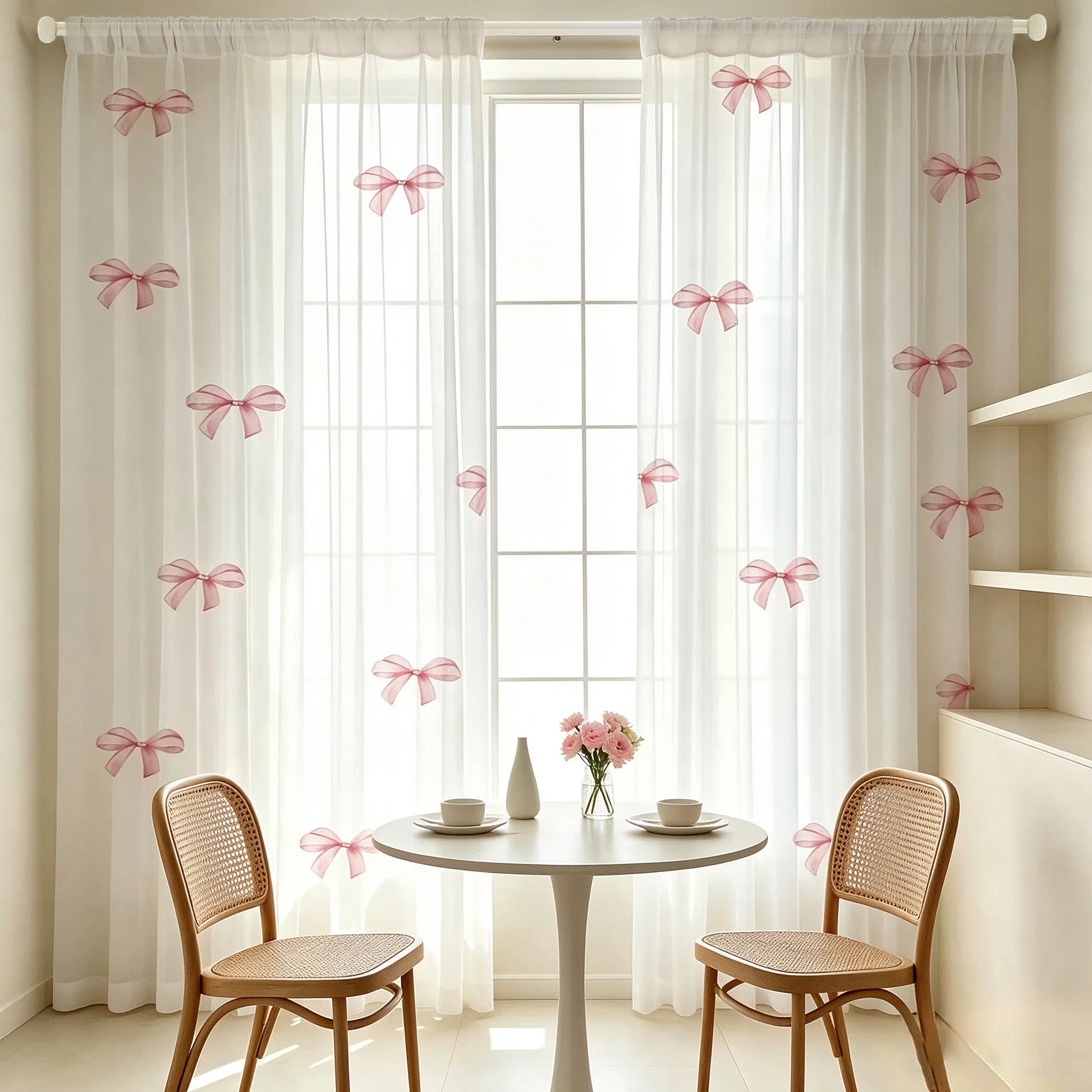 2PCS Digital Print Sheer Curtain, Minimalist Pink Bow, Simple Elegant Cute - Voile Drapes for Bedroom Living Room Decor