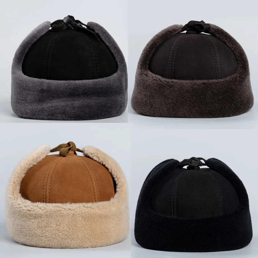 JERYAFUR High Quality 2023 Winter Leather Hat Men Fur Lamb Wool Warm Thick Earflaps Bomber Hats Men\'s Baseball Cap Russian Hat