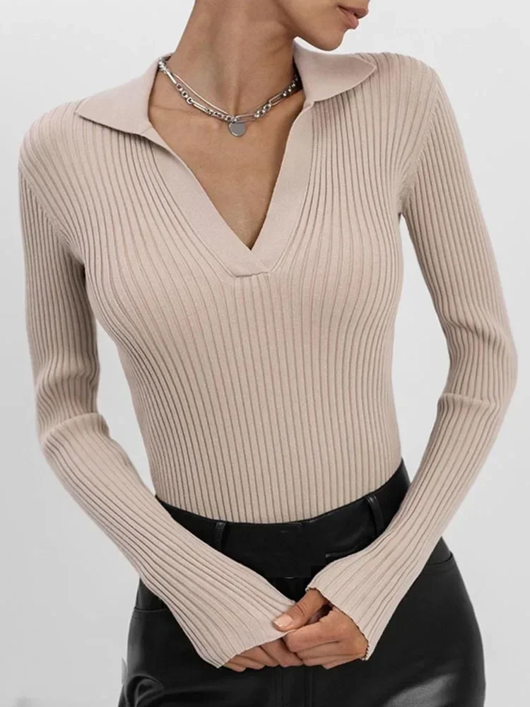 Spring Women\'s Sweater Knitted Blouse Long Sleeve Tops Female Polo Collar Jumper Solid Color Slim Pullover Women 2023 Knitwears