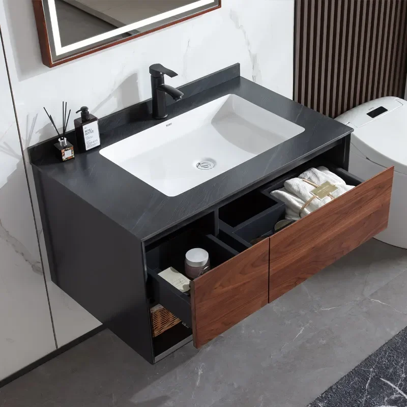 26x8 Inch Rock Slab Bathroom Vanity with Seamless Splicing Integrated Ceramic Basin Black Walnut Washbasin Cabinet Set