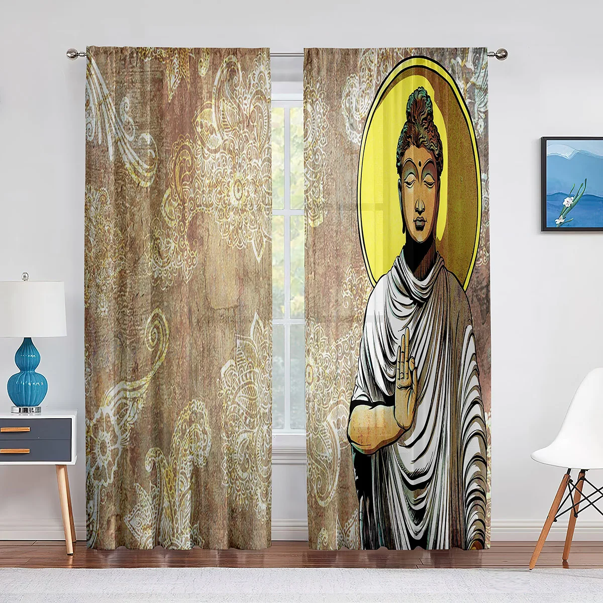 Buddhist Buddha Statue Golden Light Sunset Sheer Curtain for Living Room Kitchen Window Bedroom Decoration Tulle Voile Curtain