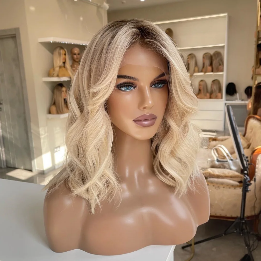 Parrucca bionda Ombre con radici scure per le donne Parrucca sintetica in pizzo cosplay Parrucca corta a onda del corpo Glueless facile da indossare