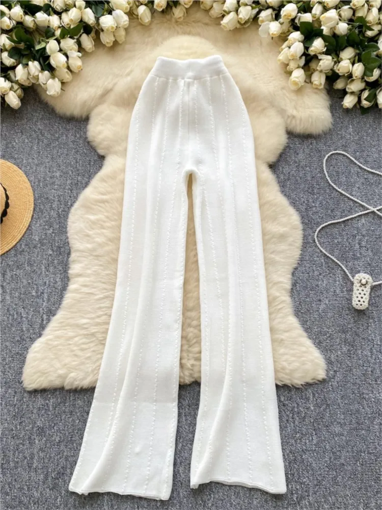 Autumn Women Knitted Drawstring Wide Leg Pants Casual Female Elegant High Waist Street Style Solid Trousers New Fashion