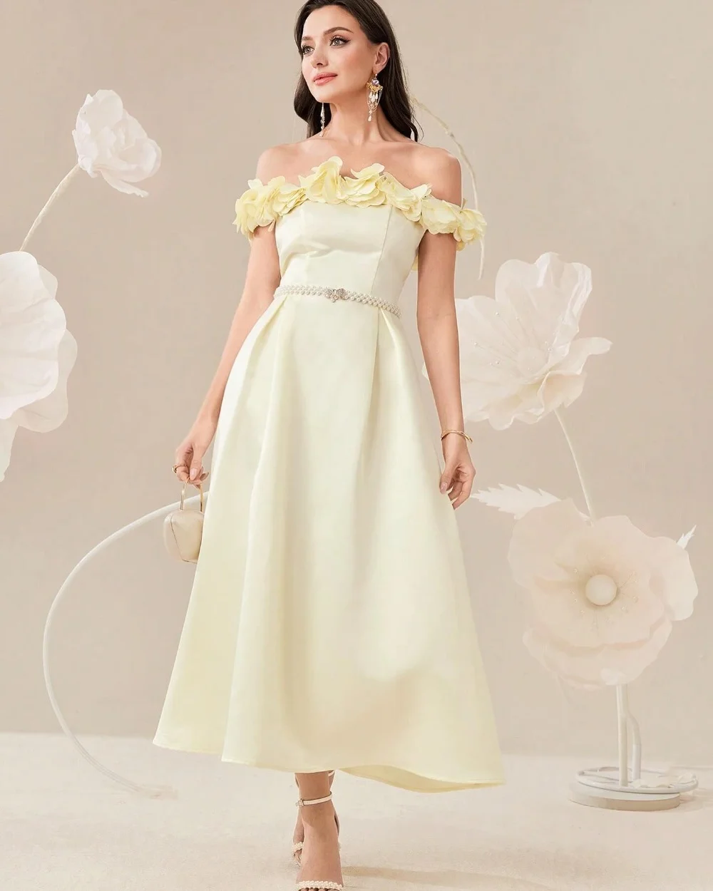 

Modern Style Jersey Flower Pearl Sash A-line Off-the-shoulder Midi Dresses Prom Dresses Chinese Style Formal Casual Simple