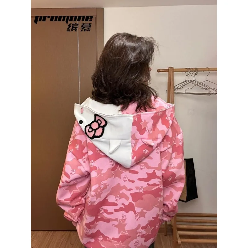 Sanrio Hello Kitty Y2K Zipper Oversize Sweatshirt Women Jacket Cute Cartoon Vintage Patchwork Camouflage Hoodie Versatile Jacket