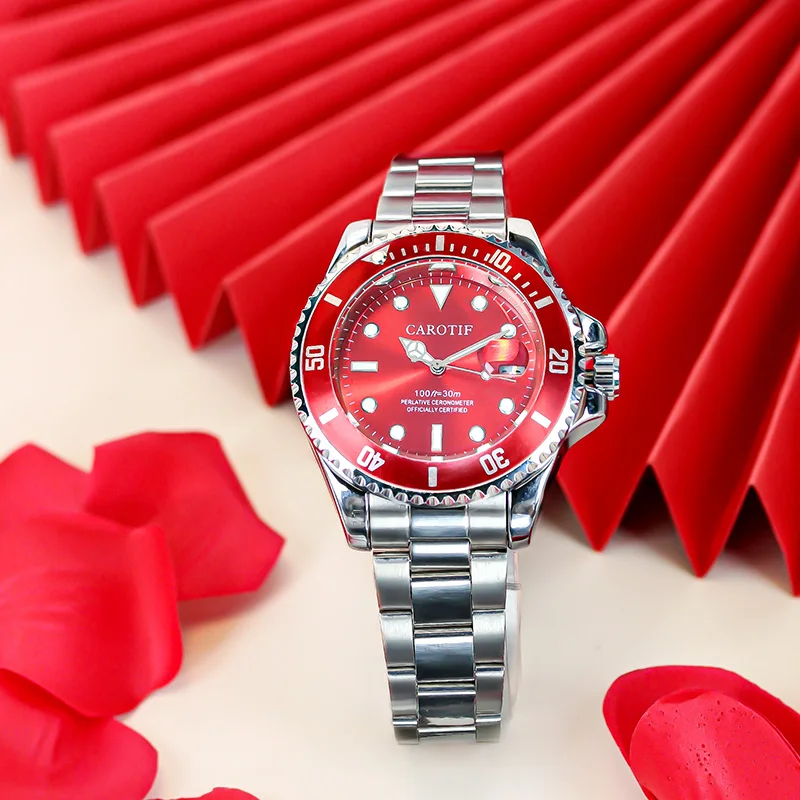 

Мужские серебристо-красные стальные ремешки, модные минималистичные часы с календарем циферблата, полностью автоматические механические часы