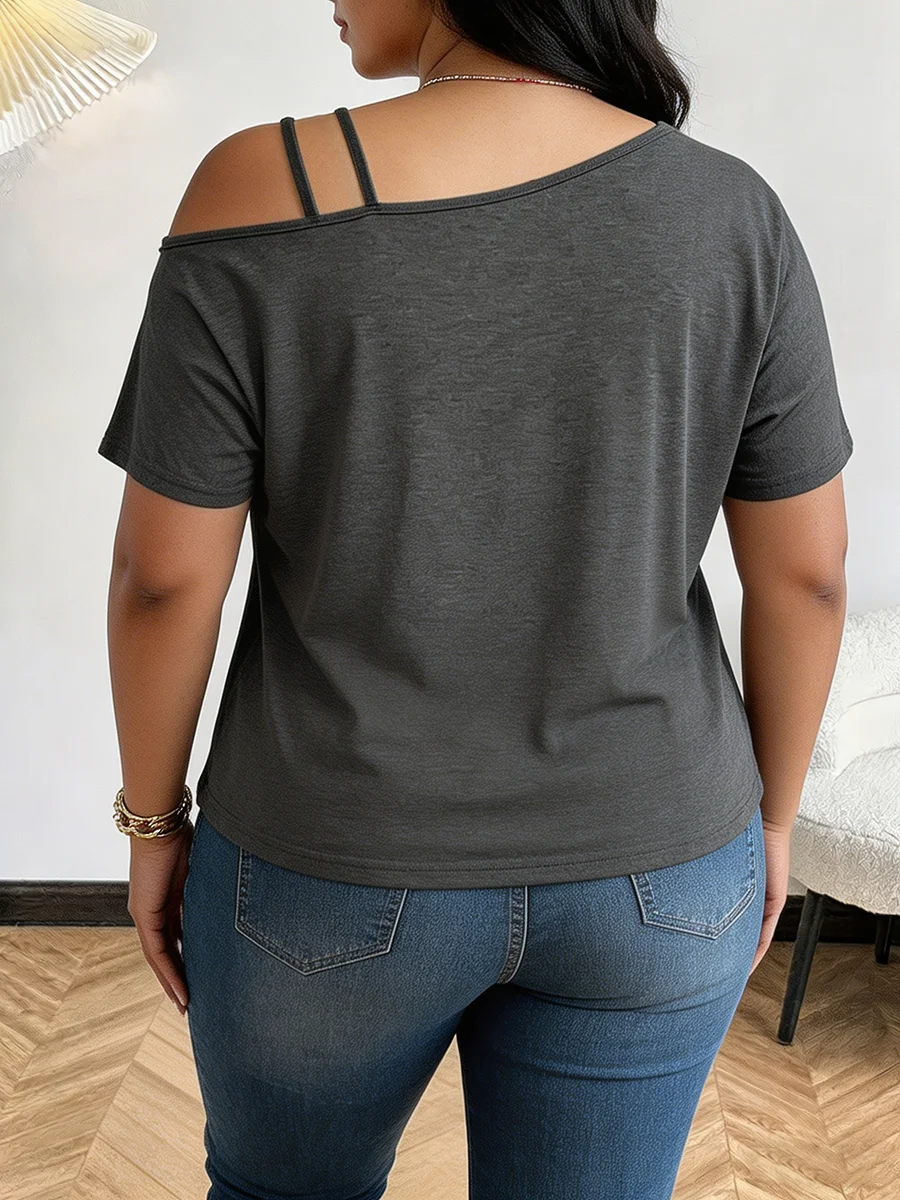 Plus Size Women Off Shoulder Tee Asym Neck Short Sleeve Strap Top Tunic Loose Fit Basic Chic Ladie Wear Spring Summer Daily Vest