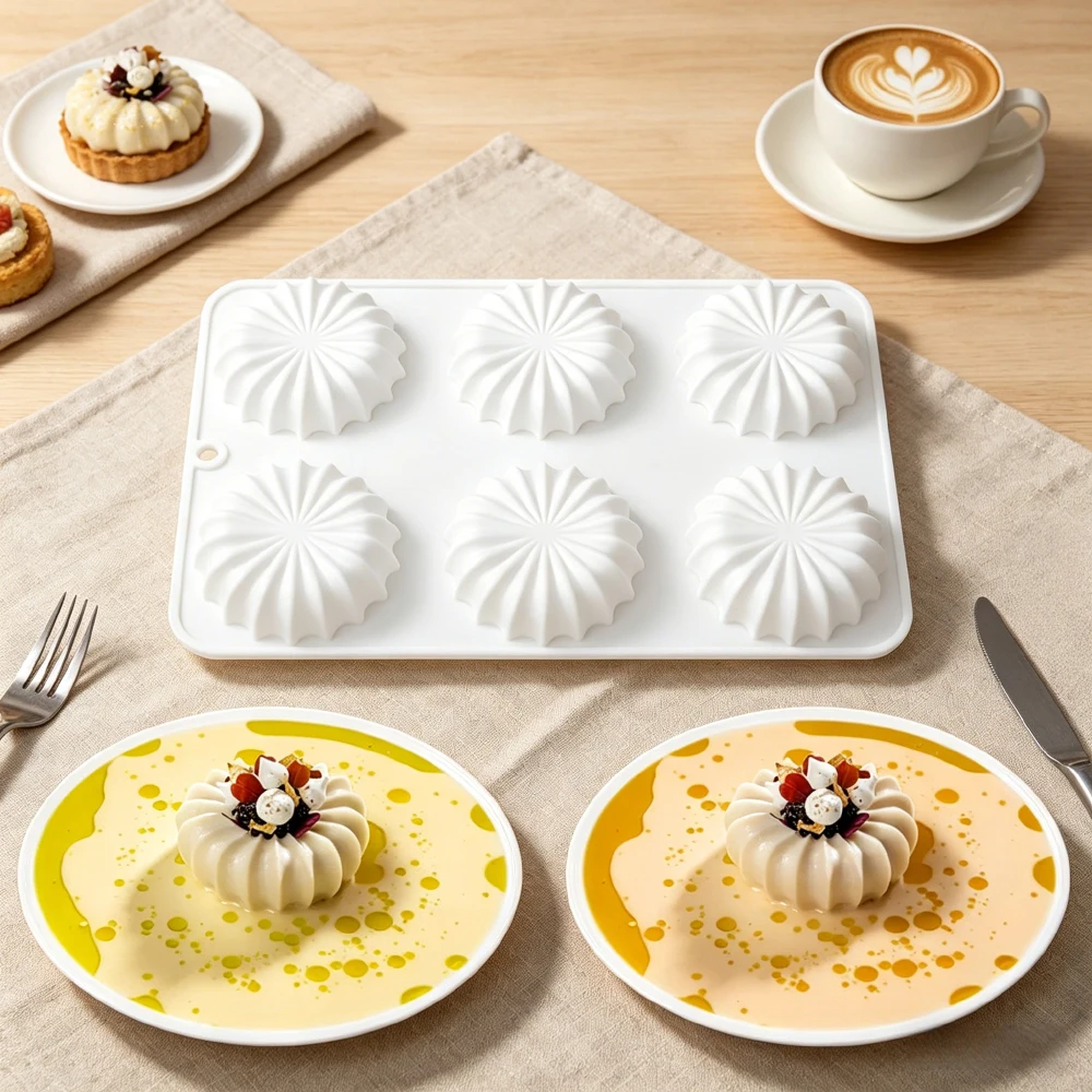 Image of 6-fach Muschelblumen-Silikonform für Mousse-Kuchen, runde Schokoladenpuddings, französische Gebäckstücke, Backen, Seifenherstellung, Handarbeiten