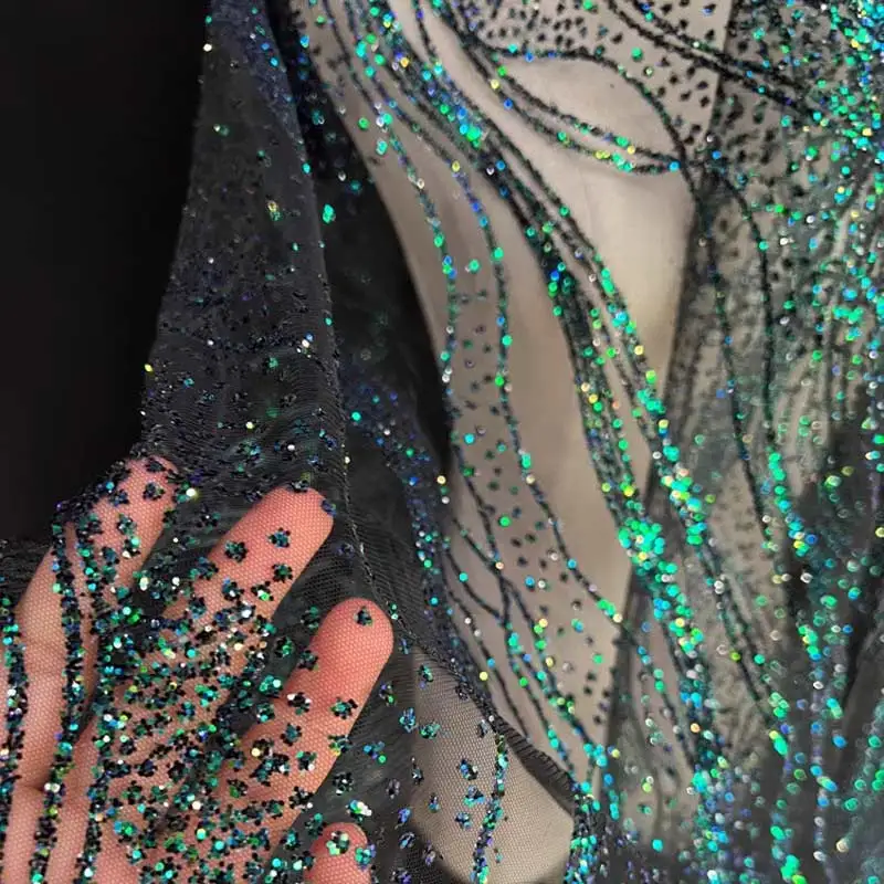 New dark green wave sequin yarn, hot stamping glitter performance dress, decorative fabric