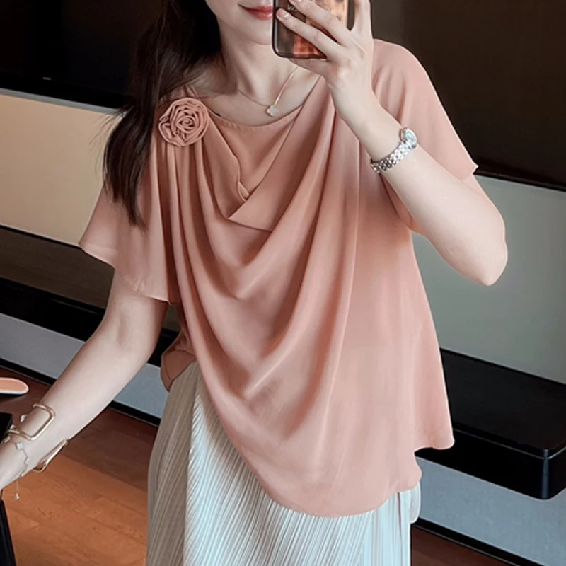 

Шифоновые женские блузки, корейские рубашки с цветочным принтом, модная свободная весенне-летняя винтажная одежда, однотонные женские топы с короткими рукавами