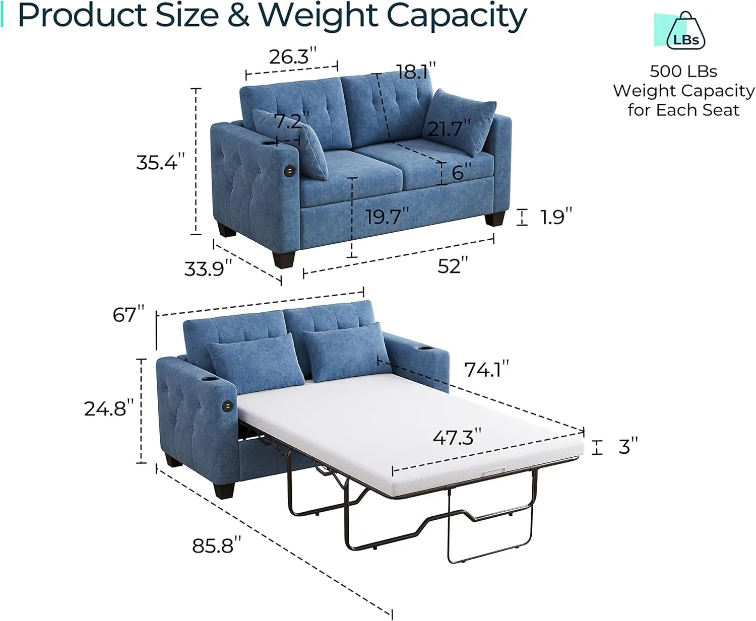 Pull Out Sofa Bed, 2-in-1 Convertible Sleeper Couch with Memory Foam Mattress and Solid Wood Bed Frame, Two Seat Love