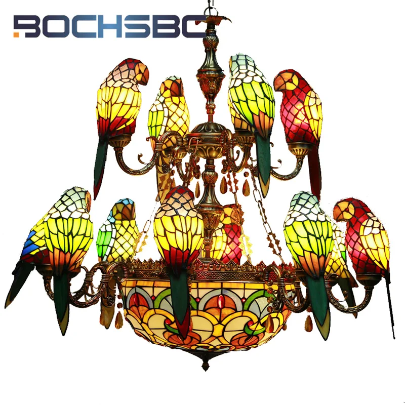 BOCHSBC Tiffany's multi-headed parrot chandelier European style creative warm decor hotel villa restaurant study overhead light