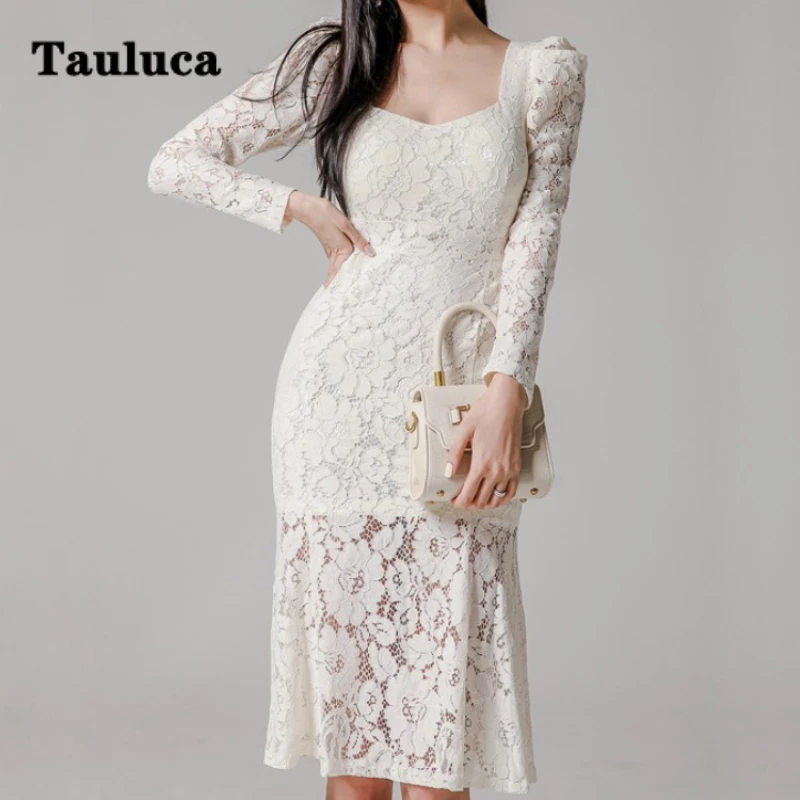 

New Early Autumn Korean Women Lace Dress Goddess Temperament High Waist Office Ladies Slim Midi Long Sexy Mermaid Skirt White