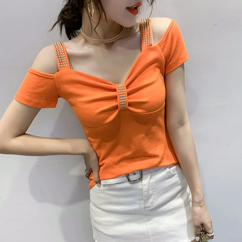 Cseta Sexy de manga corta adeazante con hombros descubiertos para mujer, Top de moda, estilo coreano, rets de colores...