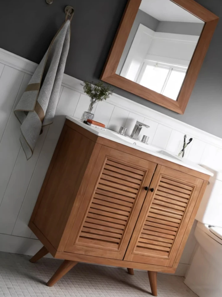 

Solid wood bathroom cabinet combination grid door oak sink small apartment bathroom cabinet custom basin