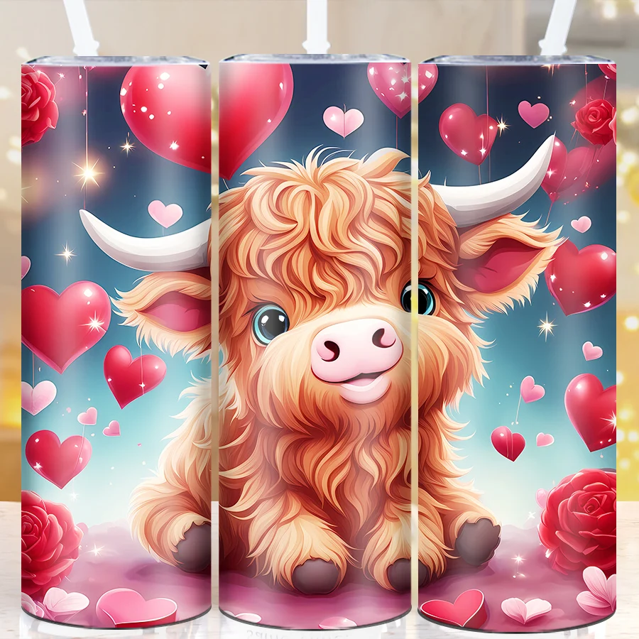 1Pc Valentine's Day Skinny Straight Tumblers Straw Lid  Print 3D Cute Highland Cow Party Festive Coffee Cups Insulated Mugs