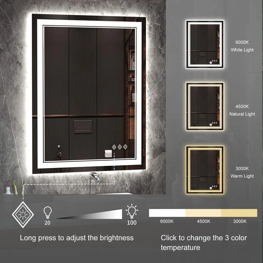 مرآة مضاءة LED 36 × 28 مع إضاءة متدرجة، 3 ألوان قابلة للتعتيم، عالية CRI، مضادة للضباب، مثبتة على الحائط أو مرآة حمام معلقة #5