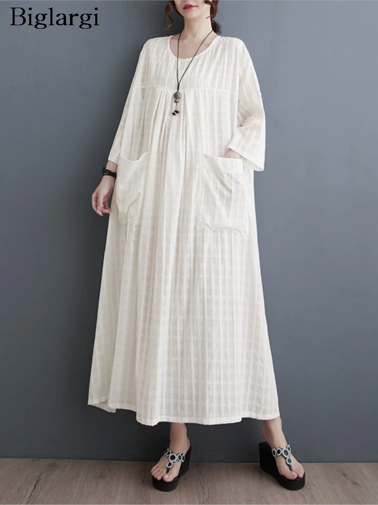 

Oversized Summer Cotton Linen Long Dress Women Ruffle Pleated Loose Fashion Casual Ladies Dresses Pullover Woman Dress