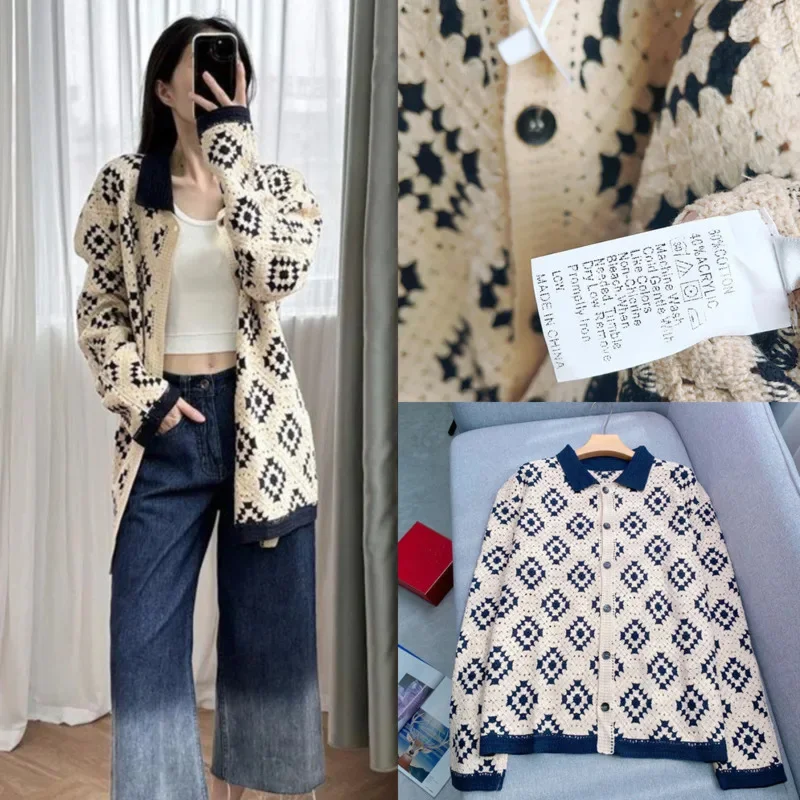 3D Embroidery Knitted Cardigan French Autumn Retro Hook Flower Cotton Single Breasted Polo Collar Loose Knitted Cardigan Top New