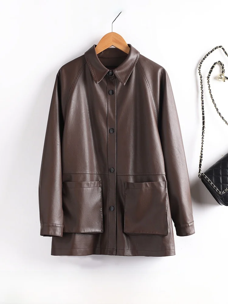 

Весна-Осень 2025: Новая женская кожаная куртка Sle Haifeng из натуральной овчины, средней длины, свободного кроя, элегантная верхняя одежда