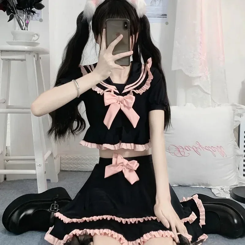 Cute School Girl Cosplay Sukumizu Bow Colletto alla marinara Costumi da bagno a due pezzi Nero Lolita Ruffle Bikini Costume da bagno Top Gonna Set