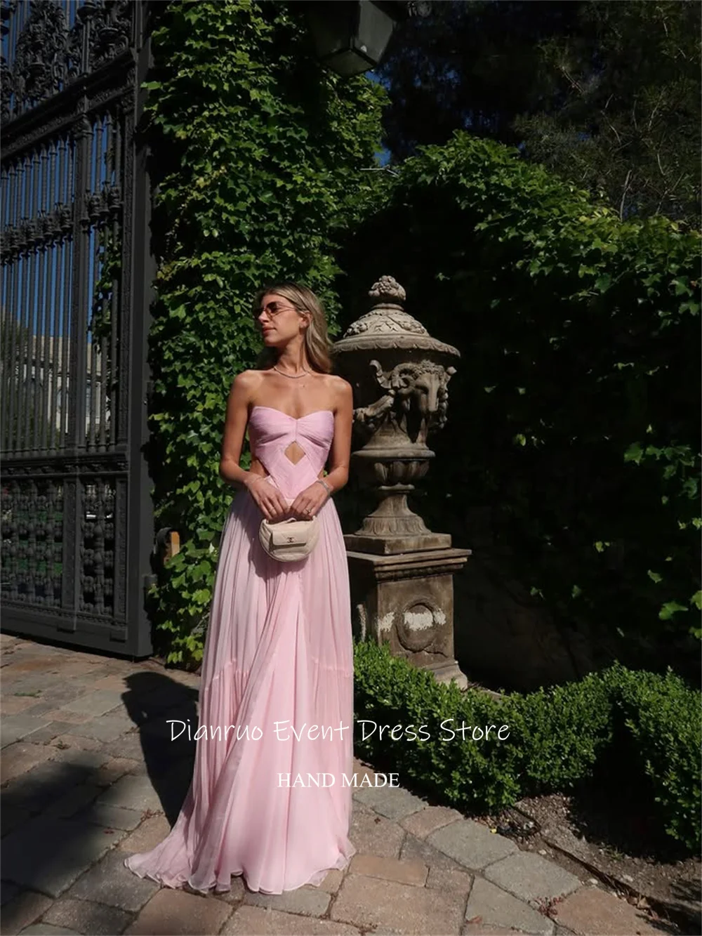 디안루오 핑크 러플 스윗하트 이브닝 드레스 A라인 컷아웃 파티 가운 우아한 쉬폰 드레스 여성용 2025 맞춤 제작