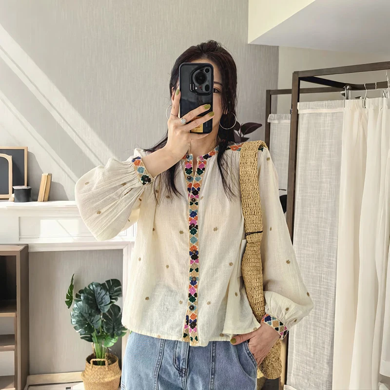 

Spring Summer New Women's Pure Cotton Retro Ethnic Embroidered Loose Breathable White Shirt Blouse Top Elegant Style Bubble S...