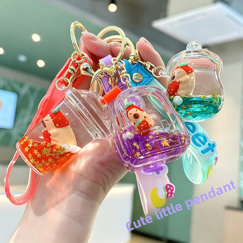 Capybara Sand Flow Oil Bottle Keychain Cute Guinea Pig Charm for Bags Backpacks Purse Keys Car Accessories Trendy Animal Gift