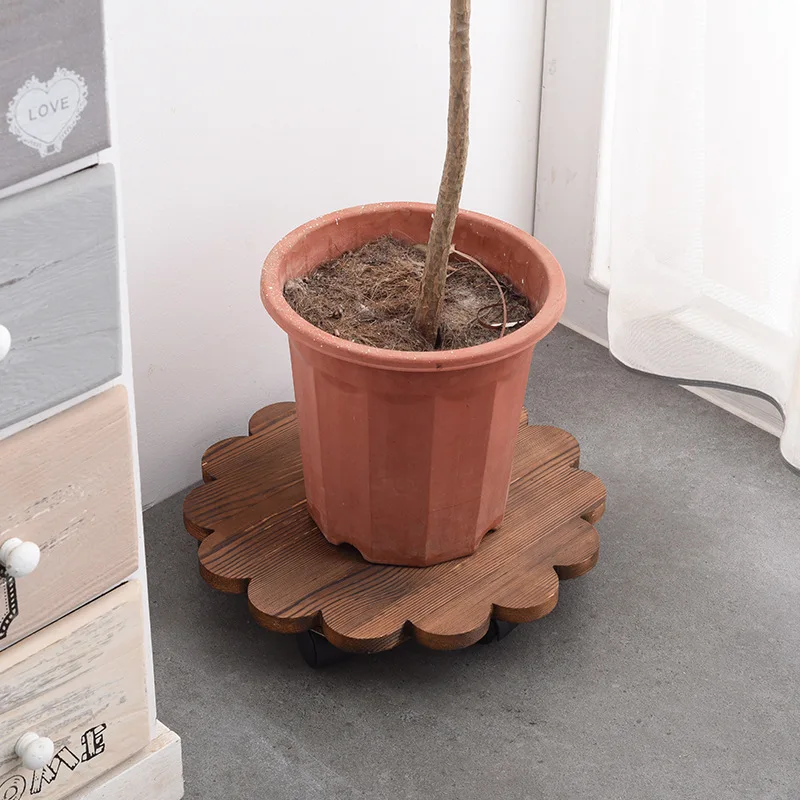 

F2 Flowers Round Movable Solid Wood Flower Pot Tray Rollers Solid Wood Base Universal Wheel Pot Plant Solid Wood Flower Holder