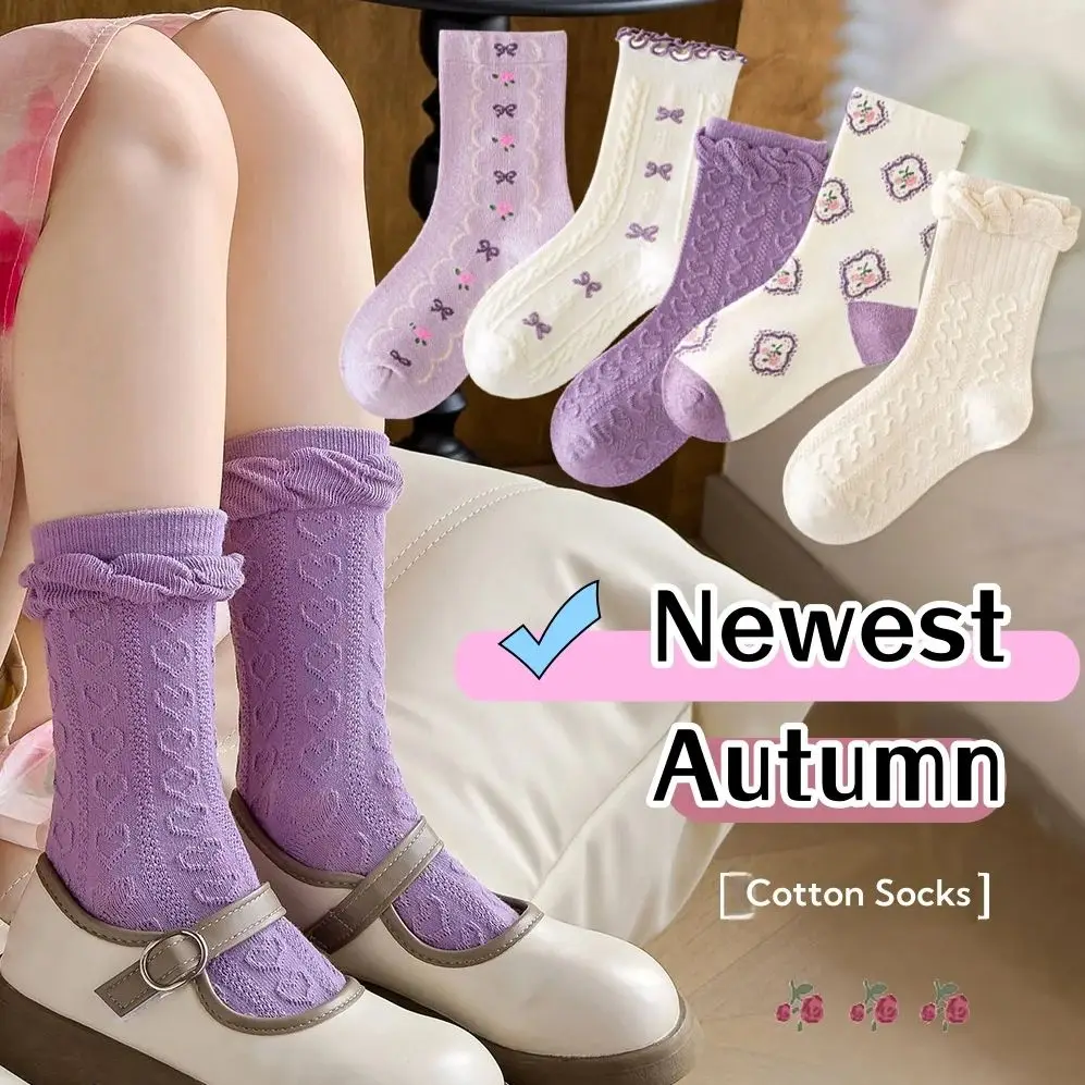 

Girls Socks Autumn Sweet Purple Bowknot Mid Calf Socks Fantacy Children's Cotton Socks baby Ruffle Socks