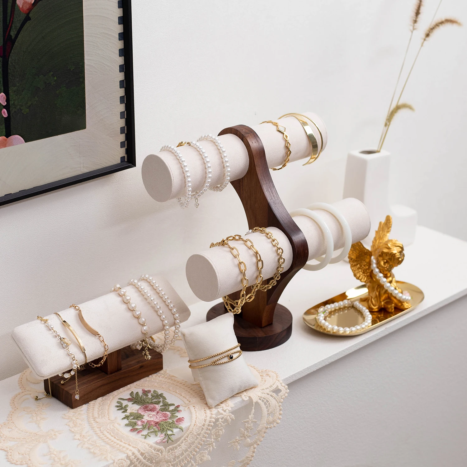 

Walnut Wood Display Stand Holder for Bangles Jewelry Multi-Slot Bracelet Organizer Countertop Store Display Rack Photo Prop