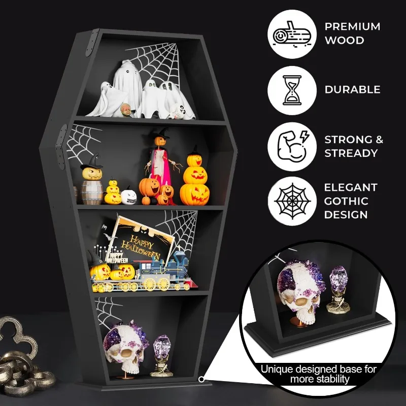 رف كتب نعش الهالوين القوطي 48 بوصة ارتفاع - رف تابوت خشبي طويل القامة مع ديكور قوطي على شكل شبكة عنكبوت، رف تحف أسود مخيف للمنزل D #6