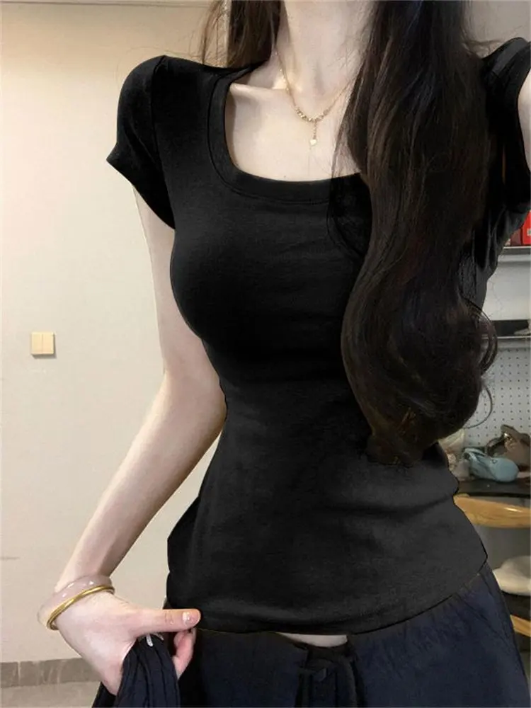 Slim Fit U-Neck Short Sleeve T-Shirt Women's Summer Korean Style Base Shirt Tight Waist Top Fashionable Commute Style Cotton ...
