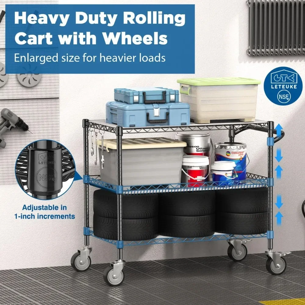 

1120LBS Heavy Duty Rolling Utility Cart,3 Tier Rolling Carts with Wheels,NSF Commercial Grade with Handle Bar & Shelf Li