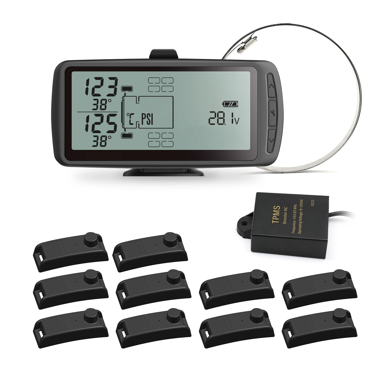 

Digital Tire Pressure Monitoring System (TPMS) For Bus & Rigid Truck With Up To 34 Tires Solar/USB Charge