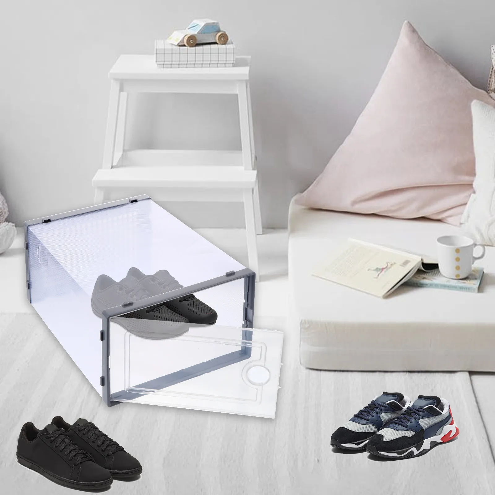 

2Pcs Transparent Plastic Shoe Box Drawer Style Storage Container Large Capacity Sturdy PP Material Stackable for Home Bedroom
