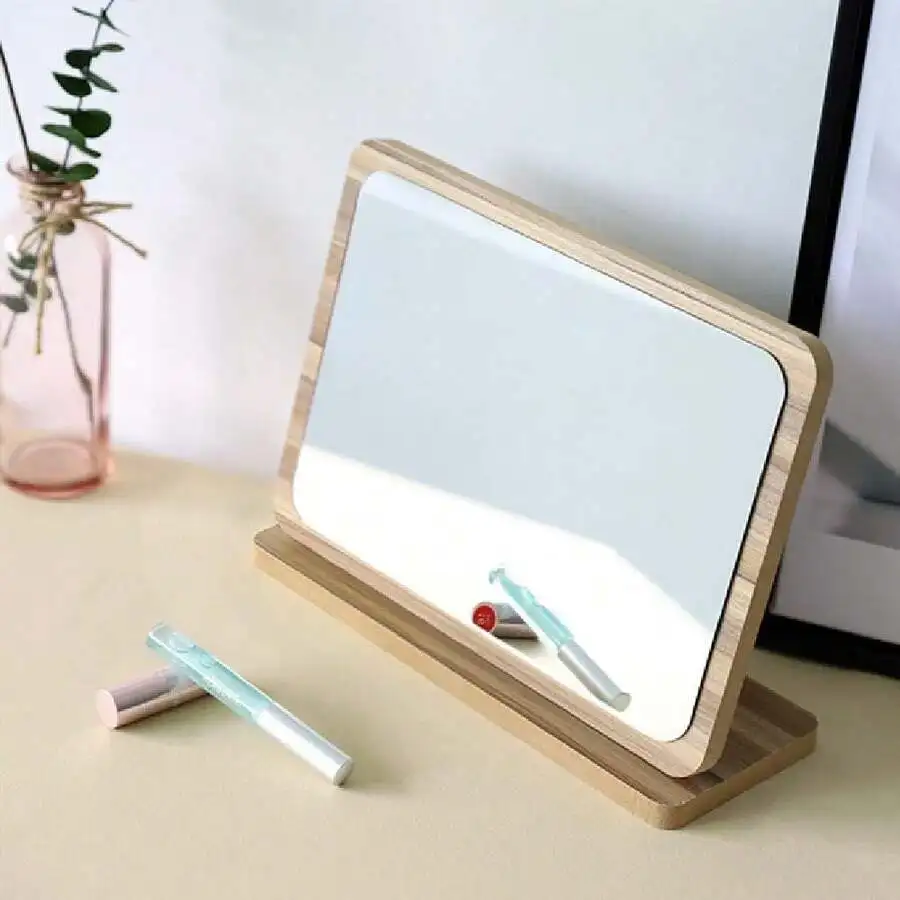 

Wood Framed Desktop Makeup Mirror With 90 Degree Rotation Standing Rectangle Table Mirror