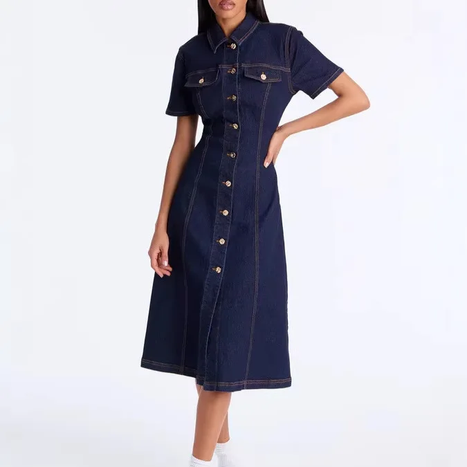 

Long Dress Women Denim Dresses A Line Vestidos Y2k Streetwear Short Sleeve High Waist Elegant Splice Party Night Work 2026