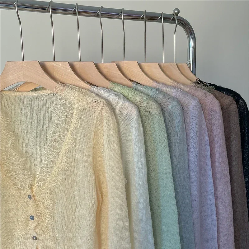 Seoulish Vintage Spitze gestrickte Strickjacken für Frauen 2024 neue Herbst Winter solide lässig schlanke koreanische Stil Damen Tops weiblich