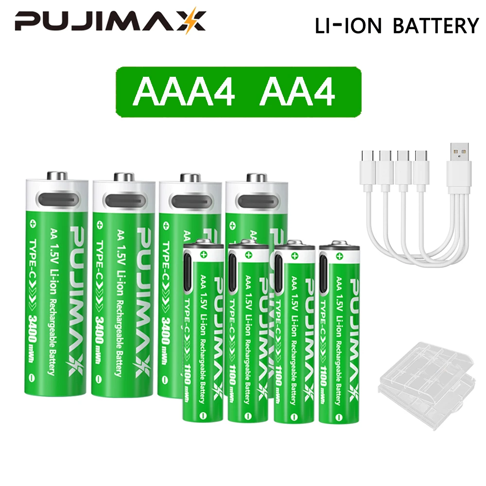 PUJIMAX 1,5 V AAA/AA 3400 mWh 1100 mWh oplaadbare batterij USB Type-C oplaadbare Li-ion batterij voor afstandsbediening elektrisch speelgoed