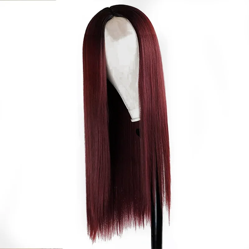 Fashionable lace  women's long straight  wine red synthetic fiber headband wig