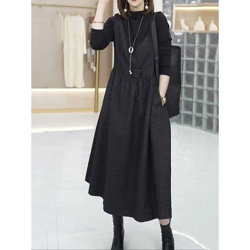 

Fashion Stand Collar Pockets Spliced Fake Two Pieces Casual Dresses Women's Clothing 2024 Spring New Loose All-match Midi Dress