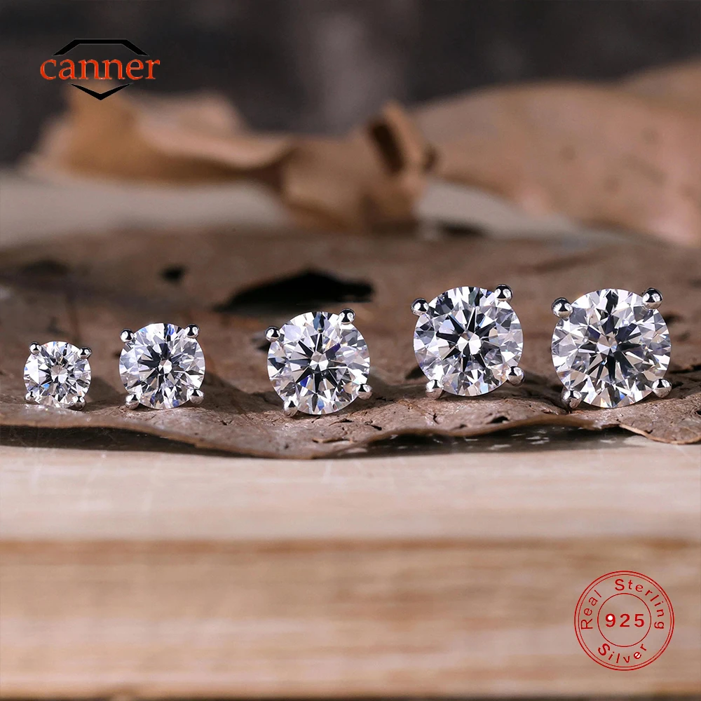 

CANNER 0.03-1.2 Carat D Color Moissanite Sparkling 925 Sterling Silver Four Claw Flat Head Piercing Earrings Women Certificate